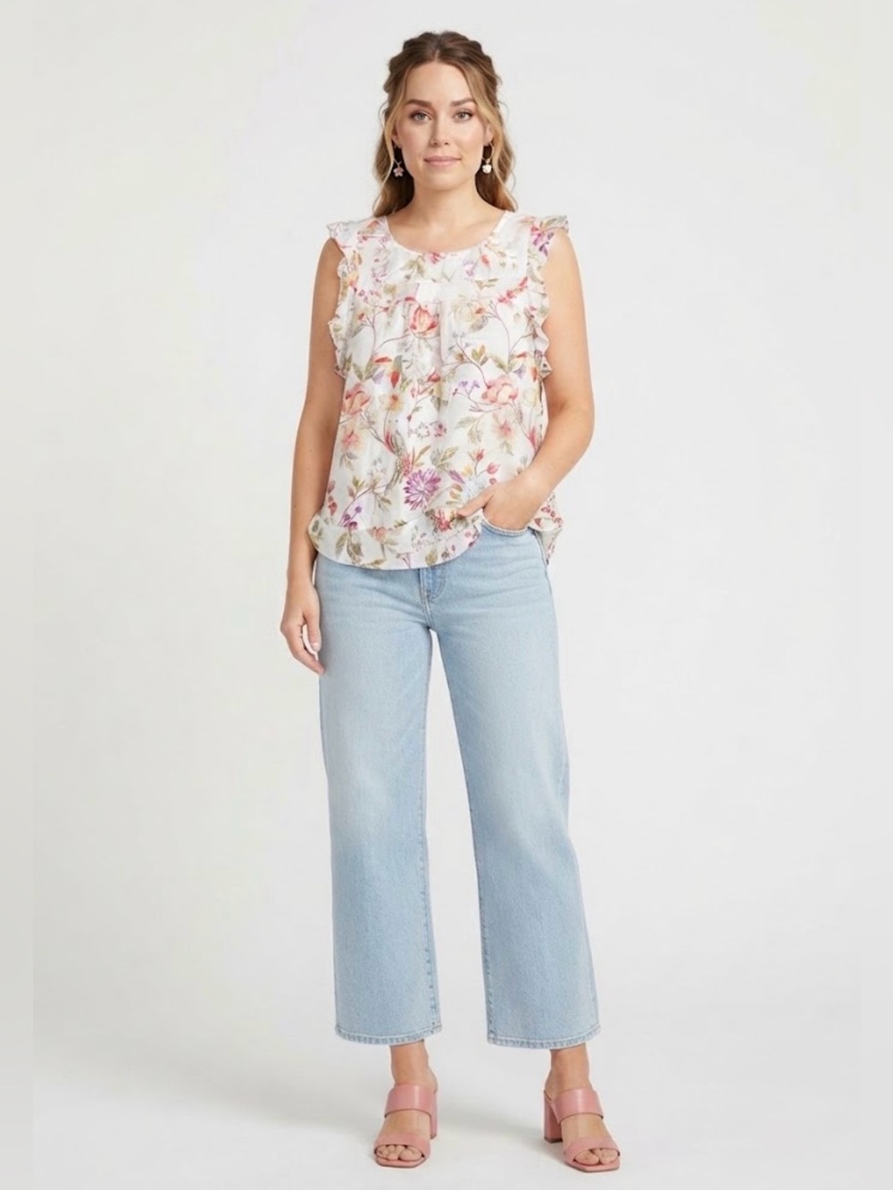 Lauren Conrad Floral Bird Print Ruffle Tank Top Size M